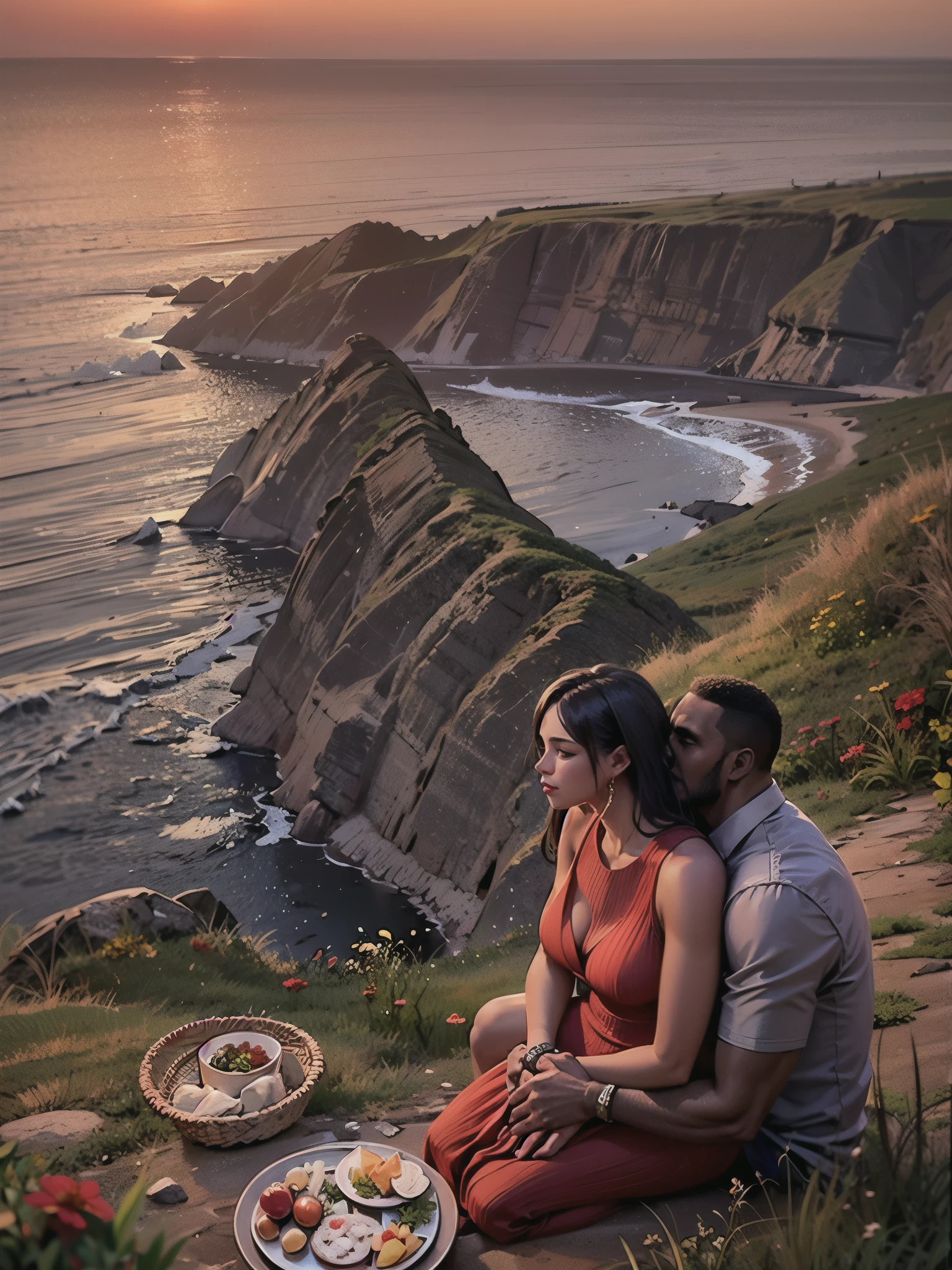 Fotografia de duas mulheres latinas de corpo cheio e um homem afro-americano de pele muito escura tendo um piquenique íntimo em um penhasco enquanto assistem ao pôr do sol sobre o oceano. Ela está vestindo um vestido vermelho com detalhes brancos e sapatos vermelhos de salto alto. Pássaros voando ao fundo., perspectiva, iluminação cinematográfica, profundidade de campo, luz de reflexão, retroiluminação, Ultra HD, obra de arte, Anatomicamente correto, Pele texturizada, Super Detalhe, 8K