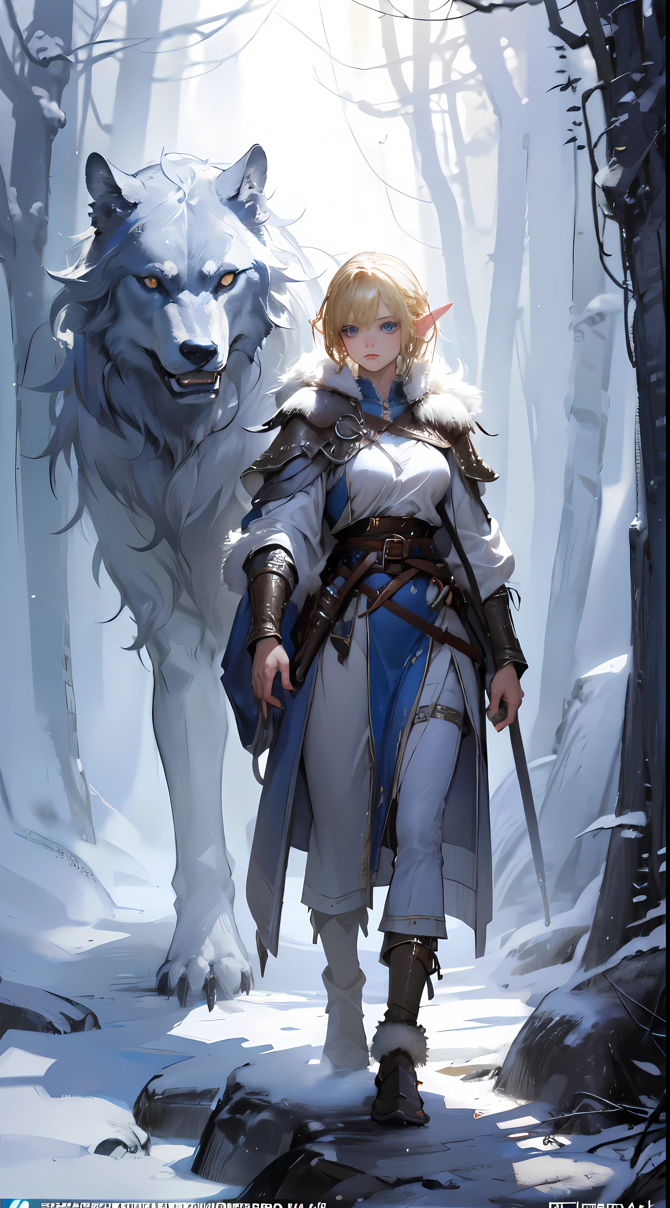 ((masterpiece, best quality)), viking elf girl, fantasy, Stand with wolf, aaa art, design by aykut aydogdu, whistlerian, high resolution, john larriva, mottled, full body, concept art, painting, sparth. BREAK, (elf:1.2), 1girl, solo, (Blonde Hair:1.15), Blunt bangs, (hair between eye), Blue Eyes, (beautiful detailed face:1.2)，art style by Artgerm, by Wadim kashin, by Kawacy, BREAK, 1pet, wolf, fluffy, big, White fur, BREAK, ((ancient viking clothes))，big breast, long black glovelack pantyhoses， standing with white boots, BREAK, extremely detailed, dynamic angle, cowboyshot, the most beautiful form of chaos, elegant, a brutalist designed,
