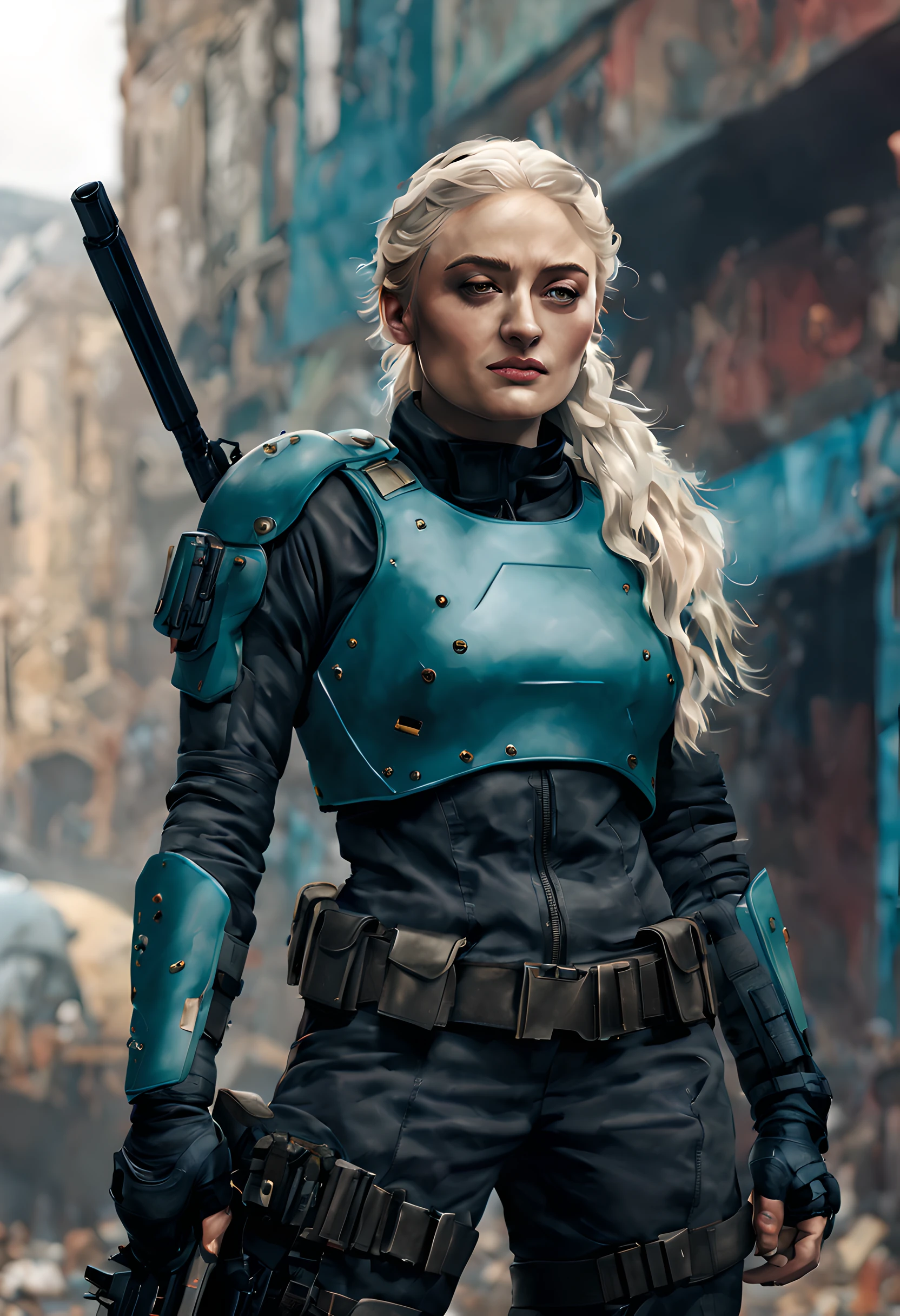 torso shot, facing front, best quality, masterpiece, cyberpunk Sophie Turner as 1girl, (solo:1.1), ultra detailed,detailed face, 8k wallpaper, platinum white hair in side cut fashion, wide hips, smile, Sophie Turner as military female soldier with gear of war, city background, smoke and rubbles, by gustav klimt , atey ghailan, by greg rutkowski, by greg tocchini, by james gilleard, by joe fenton, by kaethe butcher, gradient blue,  green and purple color scheme