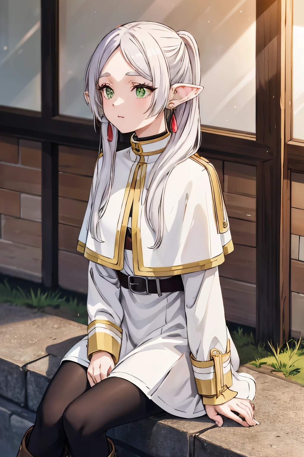 masutepiece,Best Quality,hight resolution,Ultra-detailed,freeze,Green eyes,Long hair,Twin-tailed,Parted bangs,earrings,Jewelry,Dress,Long sleeves,white capelet,Belt bag,Black pantyhose,long boots,Brown Footwear,Outdoors,Street,Sit up,Looking into the distance,evening glow