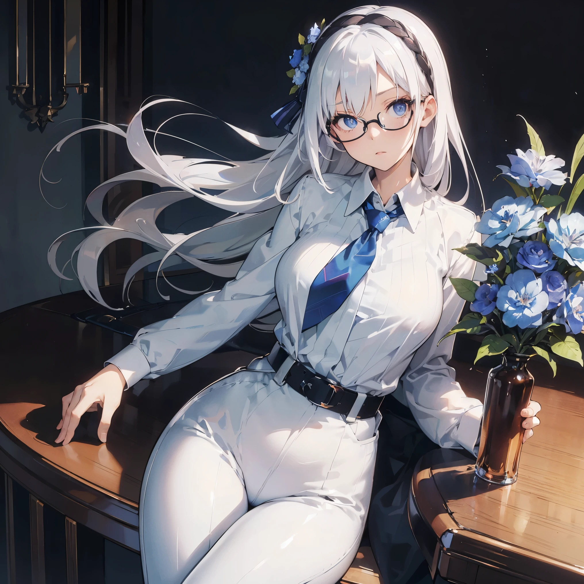 masutepiece,Best Quality,(fisheye),(sitting),(long eyelashes),((Longhaire)),((white pantsuit)),(((vertical line shirt))),(age 24),(slightly small breast),(Leather belt),(1 blue flower hair ornament),necktie,(Sober glasses),Solo,((White hair)),Blue Pupils,((very slender figure)),(slightly plump thighs),(pose),((dynamic angle))