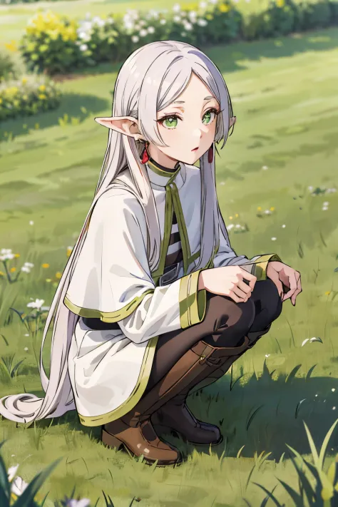 masutepiece,Best Quality,hight resolution,Ultra-detailed,freeze,Green eyes,Long hair,Twin-tailed,Parted bangs,earrings,Jewelry,Dress,Long sleeves,white capelet,Belt bag,Black pantyhose,long boots,Brown Footwear,Outdoors,Street,crouching down,grass field,Zi...