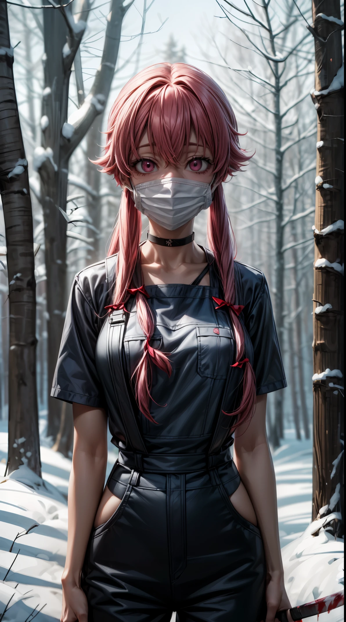 explicit, beautiful, amazing, high quality, detailed background, a woman with large breast in a woods, 1girl, breasts , , , pink hair, large breasts, twintails, long hair, solo focus, mirai nikki, black choker, dark grey overalls, leather gloves, red eyes, chasing you through the woods, ((nigth)), crazy, ((crazy eyes)), ((crazy stare)) holding a bloody knife, (fanart of Gasai Yuno), (angry eyes:1.1), (perfect hands:1.4), (masterpiece), best quality, expressive eyes, VHS, ((nigth)), (Parfect Hand:1.3), 4k, 8k, 1980s, from below, (standing over you), wearing a jacket, (Blood:1.1),Horror, (evil smile:1.5), (face mask:1.6), (Muscular:1.5)