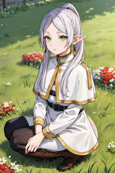 masutepiece,Best Quality,hight resolution,Ultra-detailed,freeze,Green eyes,Long hair,Twin-tailed,Parted bangs,earrings,Jewelry,Dress,Long sleeves,white capelet,Belt bag,Black pantyhose,long boots,Brown Footwear,Outdoors,Street,crouching down,grass field,Zi...