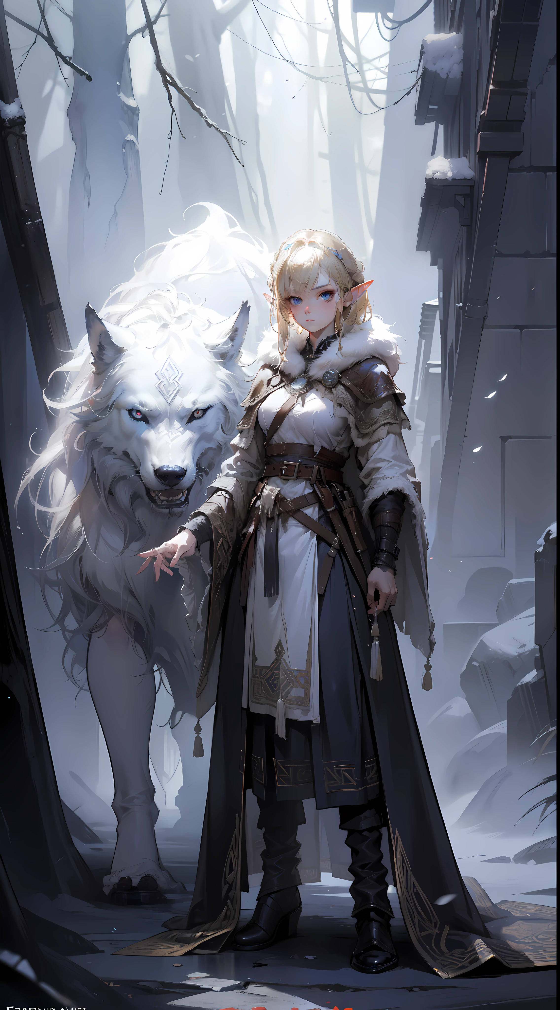 ((masterpiece, best quality)), viking elf girl, fantasy, Stand with wolf, aaa art, design by aykut aydogdu, whistlerian, high resolution, john larriva, mottled, full body, concept art, painting, sparth. BREAK, (elf:1.2), 1girl, solo, (Blonde Hair:1.15), Blunt bangs, (hair between eye), Blue Eyes, (beautiful detailed face:1.2)，art style by Artgerm, by Wadim kashin, by Kawacy, BREAK, 1pet, wolf, fluffy, big, White fur, BREAK, ((ancient viking clothes))，fluffy cloak,  big breast, long black glovelack pantyhoses， standing with white boots, BREAK, eyelashes, eyeshadow, pink eyeshadow, BREAK, extremely detailed, dynamic angle, cowboyshot, the most beautiful form of chaos, elegant, a brutalist designed,