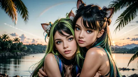 a beautiful female, 2 girls, rainbow tentacles, lake, rainbow color, cat ears, rainbow hair, stylish hair, mechanical wings, fan...