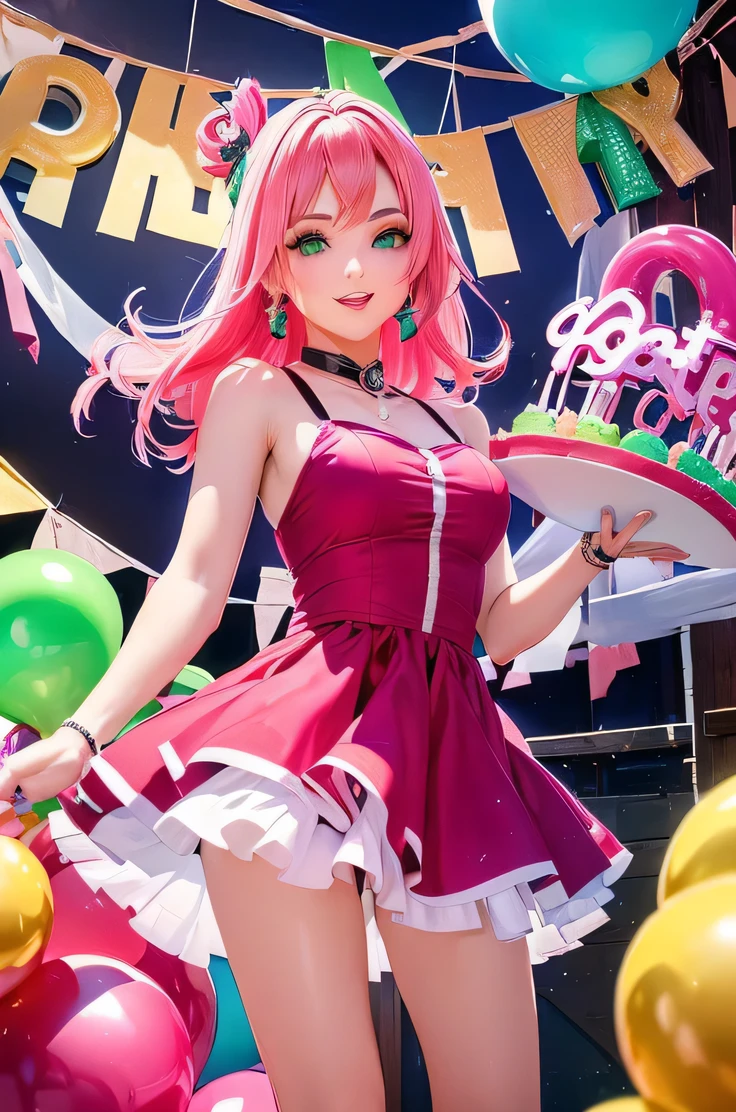 (melhor qualidade,ultra-detalhado,alto,master part:1.2),vivid colors,woman with pink hair and green eyes smiling at the camera,eating a birthday cake,balloons tied behind her, lighting, Ela veste um vestido preto