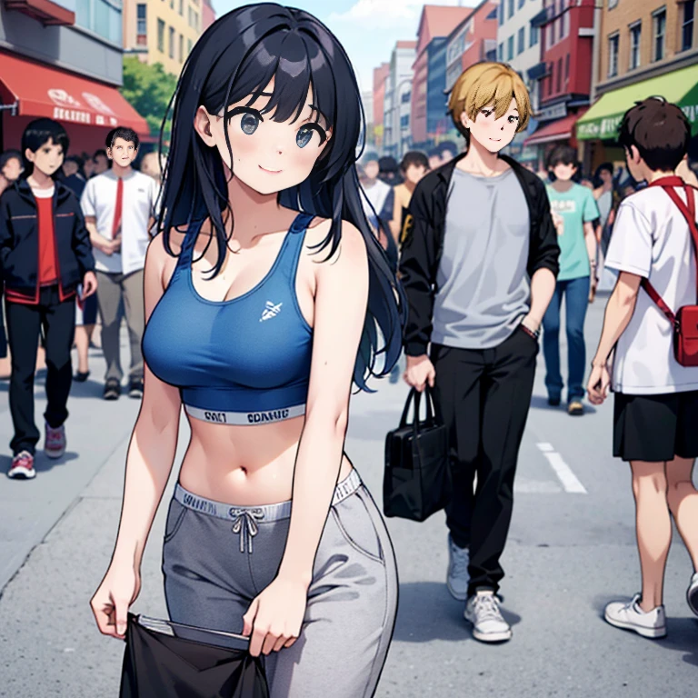 (high-res, realistic),Sexy woman, blue sports bra, grey sweatpants, pants falling down, showing panties, sneakers, outside, in a crowded city, full body, with a crowd in the background. The woman is standing and appears embarrassed and shy. The artwork should capture the sexy and alluring essence of the woman while maintaining a sense of realism. The lighting should be natural, with sunlight casting soft shadows on her body. The colors should be vibrant and vivid, emphasizing the contrast between her blue sports bra and grey sweatpants. The crowd in the background should be represented with enough detail to convey a busy and bustling city atmosphere.