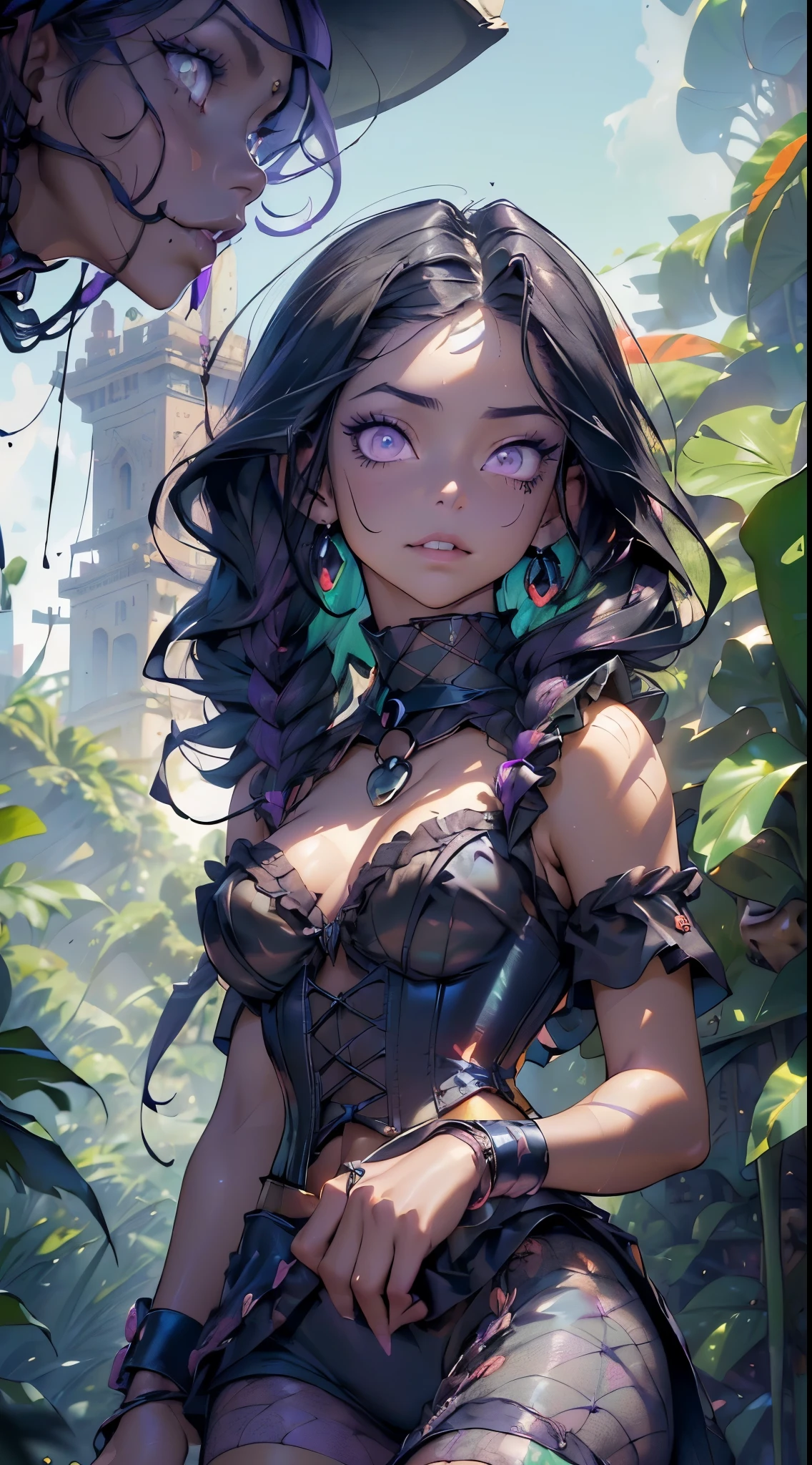 goth girl from ancient Egypt,1girl,1girl,goth girl,

(large breasts:1.4),((((long twin braids,tight braids,long braid,braided hair,long hime cut,dark hair,black hair,colored inner hair)))),(((purple_eyes:1.3))),intricate eyes,beautiful detailed eyes,symmetrical eyes,((((lustrous skin:1.5,tanned skin,bright skin: 1.5,skin tanned,shiny skin,very shiny skin,shiny body,Reflective skin)))),(spider lower abdomen,narrow waist,wide hip,athletic body,inflated legs,thick thighs,(detailed face)),beautiful detailed lips,

cute,slutty,sensual,seductive look,seductive,((erotic)),((nsfw)),

(bdsm:1.5),sexy,(((eyeshadow,egyptian makeup,eyelid makeup))),zettai ryouiki,tiny clothes,show skin,(((barefoot))),((show frilly thongs)),(fishnet top:1.5),(fishnet stockings:1.5),navel:1.5,(strapless:1.5,corset:1.5),(((slave collar,metal slave collar,black slave collar,Long chain leash connected to her collar,shackles))),(((purple clothes))),

(flirtatious pose:1.3), looking at viewer,embarrassed,centered,scale to fit dimensions,Rule of thirds,

outdoors,((dark cult ritual, dark cave:0.5, torch fire, fire lighting, dirt floor)),scenery,(background skulls),extremely scenery,(puddles everywhere,moss,moss in the background),(fog in the background),clouds,black lily pads,palms,reeds,(((skulls in background))),(sunset, golden hour),

(Glossy Egyptian ornaments),(top-quality,8K,32K,​masterpiece),high resolution,(Photorealistic:1.4),Ray tracing,Sun glare,depth of fields,By backlight effect,Add depth to your screen,(((vibrant colors,vibrant theme))),(intricate),(high contrast,photorealistic artwork:1.37),(best quality,4k,highres,masterpiece:1.2),ultra-detailed,(realistic,photorealistic,photo-realistic:1.37),professional,