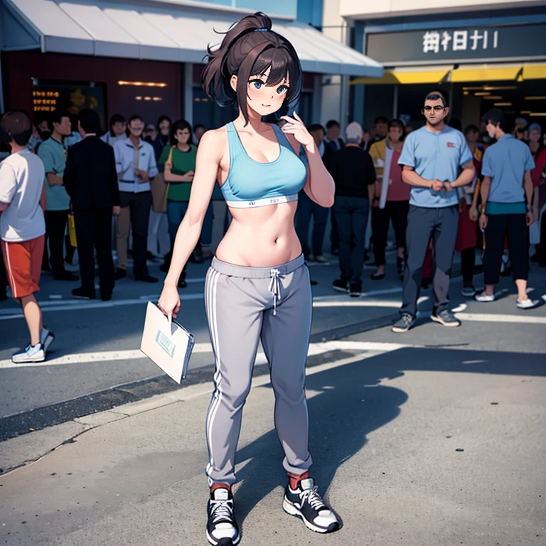 (high-res, realistic),Sexy woman, blue sports bra, grey sweatpants, pants falling down, showing panties, sneakers, outside, in a crowded city, full body, with a crowd in the background. The woman is standing and appears embarrassed and shy. The artwork should capture the sexy and alluring essence of the woman while maintaining a sense of realism. The lighting should be natural, with sunlight casting soft shadows on her body. The colors should be vibrant and vivid, emphasizing the contrast between her blue sports bra and grey sweatpants. The crowd in the background should be represented with enough detail to convey a busy and bustling city atmosphere.