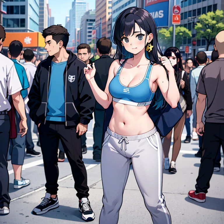 (high-res, realistic),Sexy woman, blue sports bra, grey sweatpants, pants falling down, showing panties, sneakers, outside, in a crowded city, full body, with a crowd in the background. The woman is standing and appears embarrassed and shy. The artwork should capture the sexy and alluring essence of the woman while maintaining a sense of realism. The lighting should be natural, with sunlight casting soft shadows on her body. The colors should be vibrant and vivid, emphasizing the contrast between her blue sports bra and grey sweatpants. The crowd in the background should be represented with enough detail to convey a busy and bustling city atmosphere.