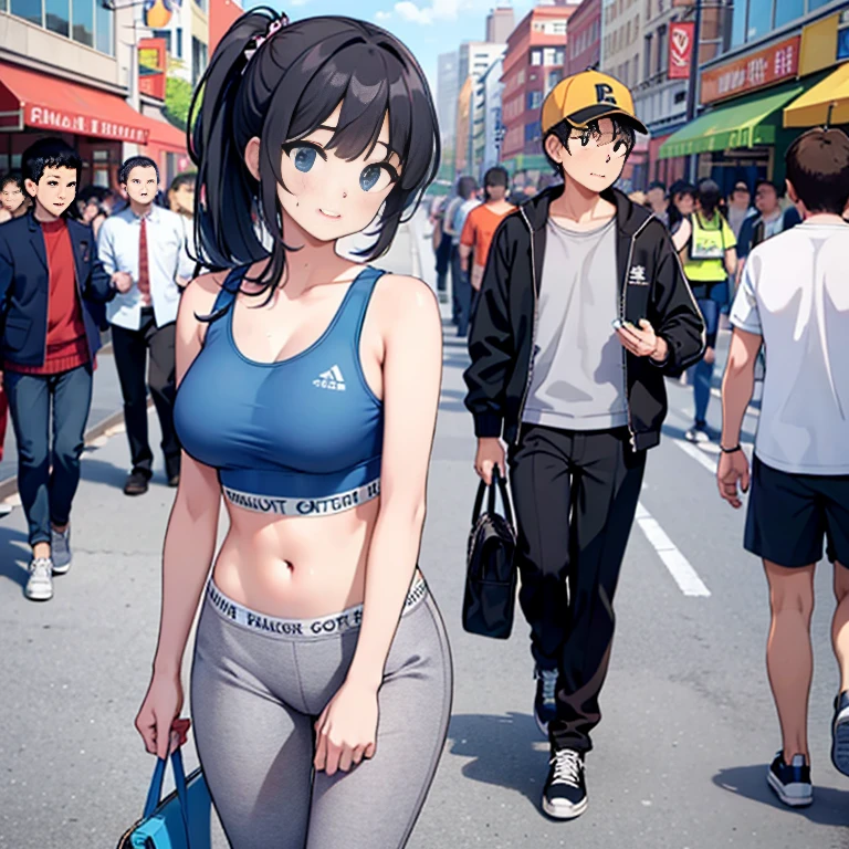 (high-res, realistic),Sexy woman, blue sports bra, grey sweatpants, pants falling down, showing panties, sneakers, outside, in a crowded city, full body, with a crowd in the background. The woman is standing and appears embarrassed and shy. The artwork should capture the sexy and alluring essence of the woman while maintaining a sense of realism. The lighting should be natural, with sunlight casting soft shadows on her body. The colors should be vibrant and vivid, emphasizing the contrast between her blue sports bra and grey sweatpants. The crowd in the background should be represented with enough detail to convey a busy and bustling city atmosphere.