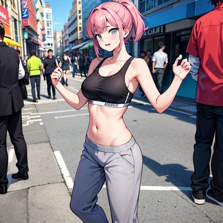 (high-res, realistic),Sexy woman, blue sports bra, pink panties, sneakers, outside, in a crowded city, full body, with a crowd in the background. The woman is standing and appears embarrassed and shy. The artwork should capture the sexy and alluring essence of the woman while maintaining a sense of realism. The lighting should be natural, with sunlight casting soft shadows on her body. The colors should be vibrant and vivid, emphasizing the contrast between her blue sports bra and grey sweatpants. The crowd in the background should be represented with enough detail to convey a busy and bustling city atmosphere.