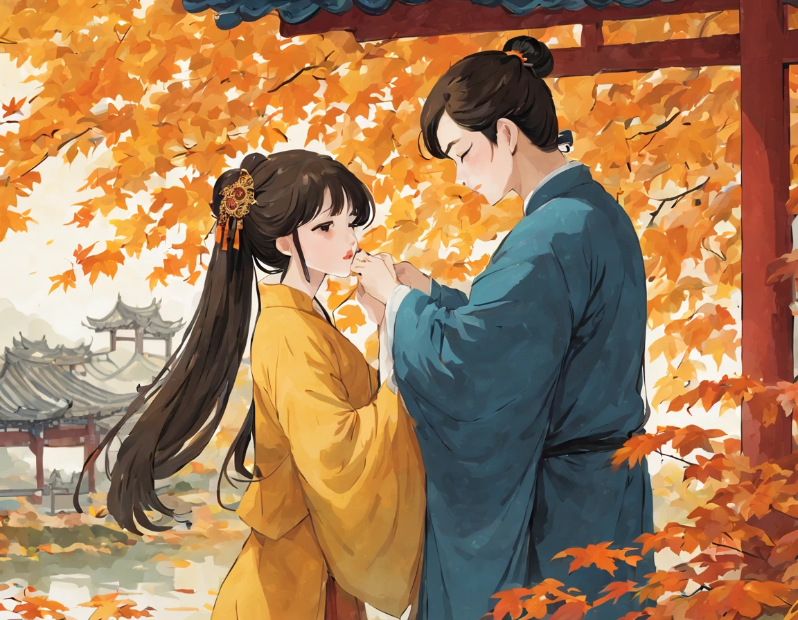 ancient china, Jiangnan garden, pavilion, autumn, a man is putting chinese hair brooch on a girl under the pavilion