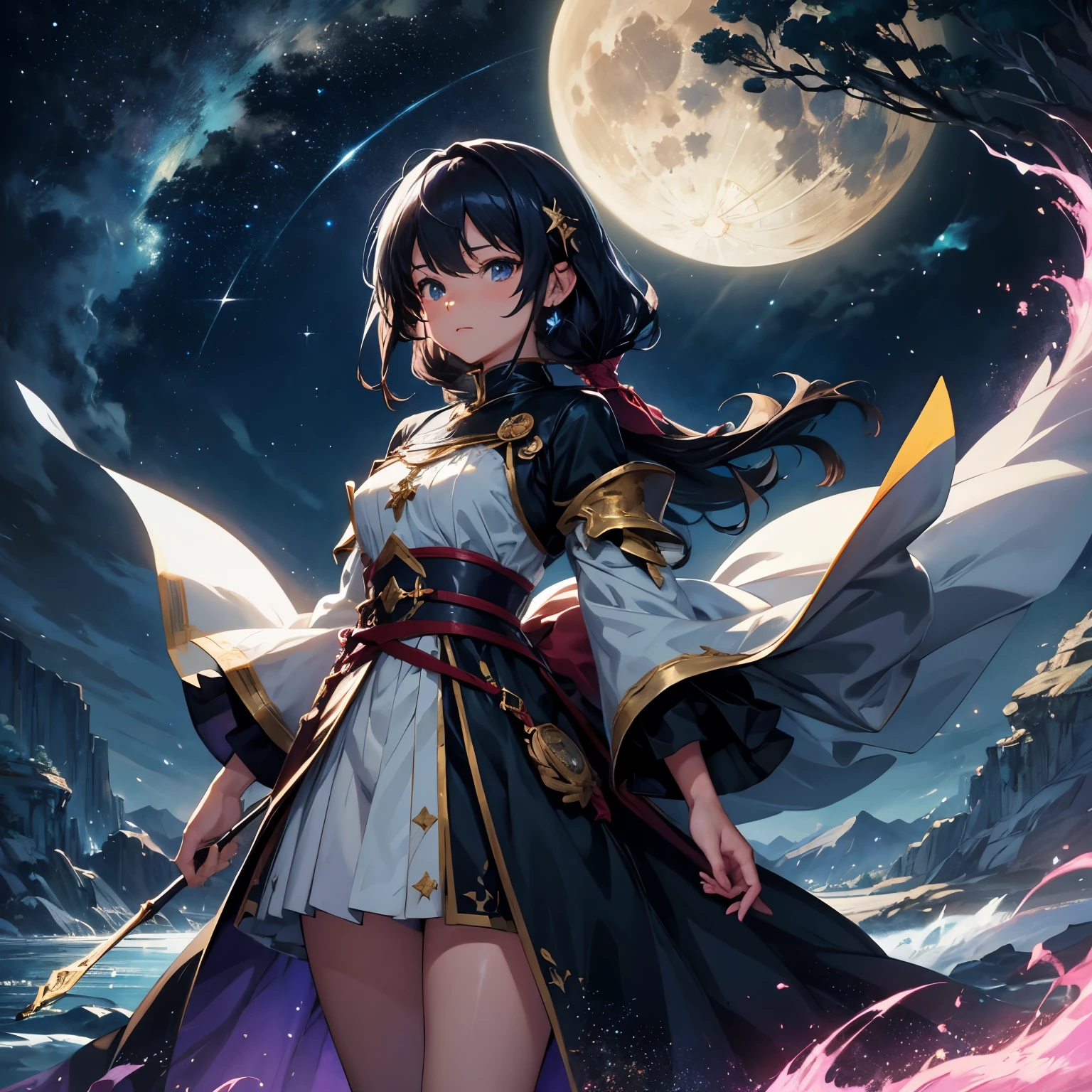 Painting of a river with stars and moon in the sky、top-quality、Fantasyart、beautiful anime scene、Bright moon、Moonlit star environment、Dream painting、Anime Background Art、Fantasy landscape art、fantasy knight、anime background artwork、Fantastic art、atmospheric anime、starrysky、Detailed details、girl standing looking up at the sky、Wide starry sky、