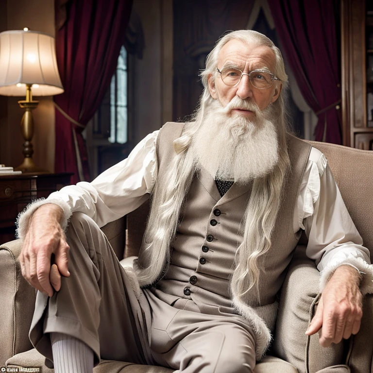 John Glover, Un majordome âgé avec une longue barbe et des cheveux blancs, avec un visage serein rides, je cherche à produire, corps plus âgé faible, maigre os poilu, corps nu, son gilet de majordome noir était ouvert pour laisser apparaître ses rides du ventre plus âgé, poilu et sa poitrine faible, noeud papillon, chaussettes et chaussettes suspense, Gants blancs, boxeur vieux slips, bras jambes cou mains pieds maigre vieux et faible, timide et rougit, Allongé sur un vieux canapé vintage, lis,chef-d&#39;œuvre,Images 4K,meilleure qualité