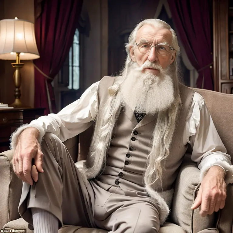 John Glover, An elder butler with a long beard and white hair, with a serene face wrinkles, looking producing, body older weak, ...