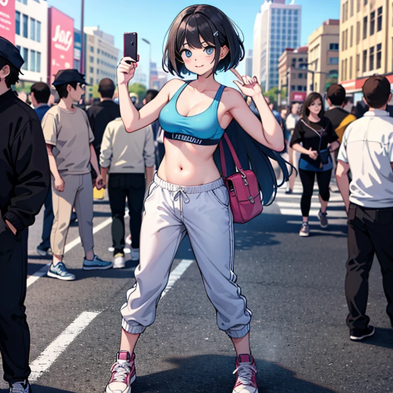 (high-res, realistic),Sexy woman, blue sports bra, pink panties, sneakers, outside, in a crowded city, full body, with a crowd in the background. The woman is standing and appears embarrassed and shy. The artwork should capture the sexy and alluring essence of the woman while maintaining a sense of realism. The lighting should be natural, with sunlight casting soft shadows on her body. The colors should be vibrant and vivid, emphasizing the contrast between her blue sports bra and grey sweatpants. The crowd in the background should be represented with enough detail to convey a busy and bustling city atmosphere.