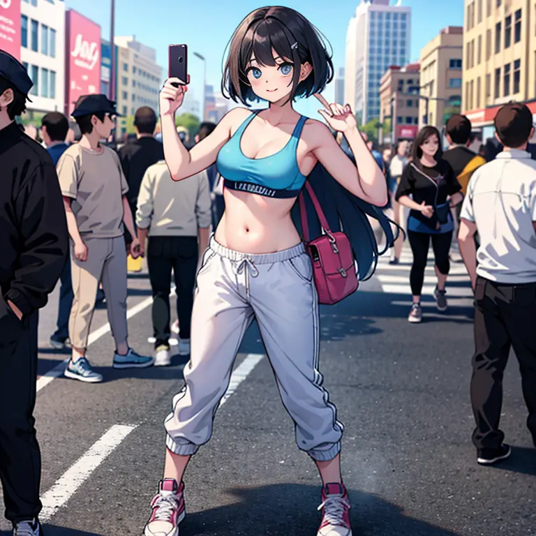 (high-res, realistic),Sexy woman, blue sports bra, pink panties, sneakers, outside, in a crowded city, full body, with a crowd i...