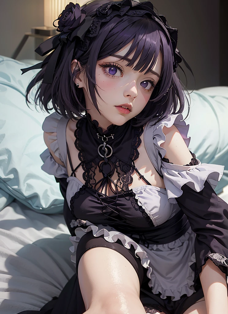 (((Young White Woman))), ((Best Quality)), ((Masterpiece)), (Detail: 1.4), MarinLora, blush, short hair, black hair, hair ornament, thighhighs, long sleeves, dress, purple eyes, purple hair, flower, pantyhose, hairband, frills, hair flower, wide sleeves, apron, black dress, , rose, floral print, lace, lolita fashion, gothic lolita (High dynamic range), Lying on bed, open legs, one leg raised, dress underwear