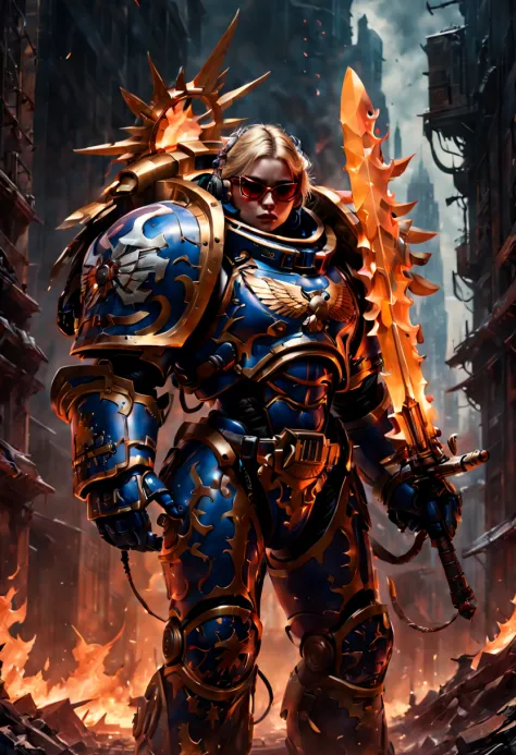 warhammer 40k universe，knight armor girl，mechanical suit of blue and gold armor，sparkly red color sunglasses，intense war-like en...