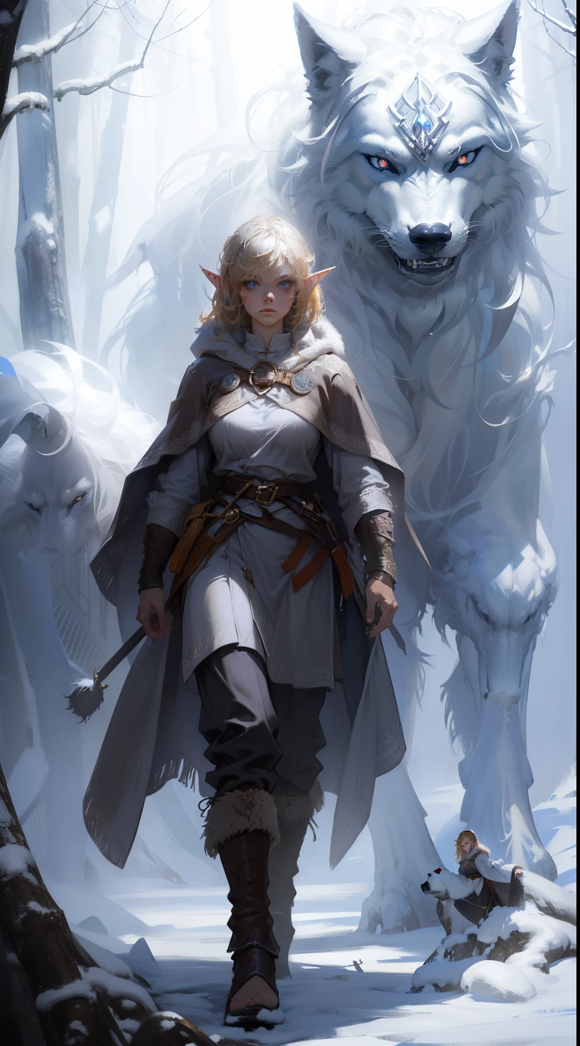 ((masterpiece, best quality)), (fractal art:1.3), viking elf girl, fantasy, Standing with wolf, aaa art, design by aykut aydogdu, whistlerian, high resolution, john larriva, mottled, concept art, painting, sparth. BREAK, (elf:1.2), 1girl, solo, (Blonde Hair:1.15), Blunt bangs, (hair between eye), Blue Eyes, (beautiful detailed face:1.2)，art style by Artgerm, by Wadim kashin, by Kawacy, BREAK, (1animal), ((wolf)),  fluffy, big, White fur, BREAK, ((ancient viking clothes))，fluffy cloak,  big breast, long black glovelack pantyhoses with white boots, BREAK, eyelashes, eyeshadow, pink eyeshadow, BREAK, extremely detailed, dynamic angle, cowboyshot, the most beautiful form of chaos, elegant, a brutalist designed, Setting is a Scandinavian forest in winter,