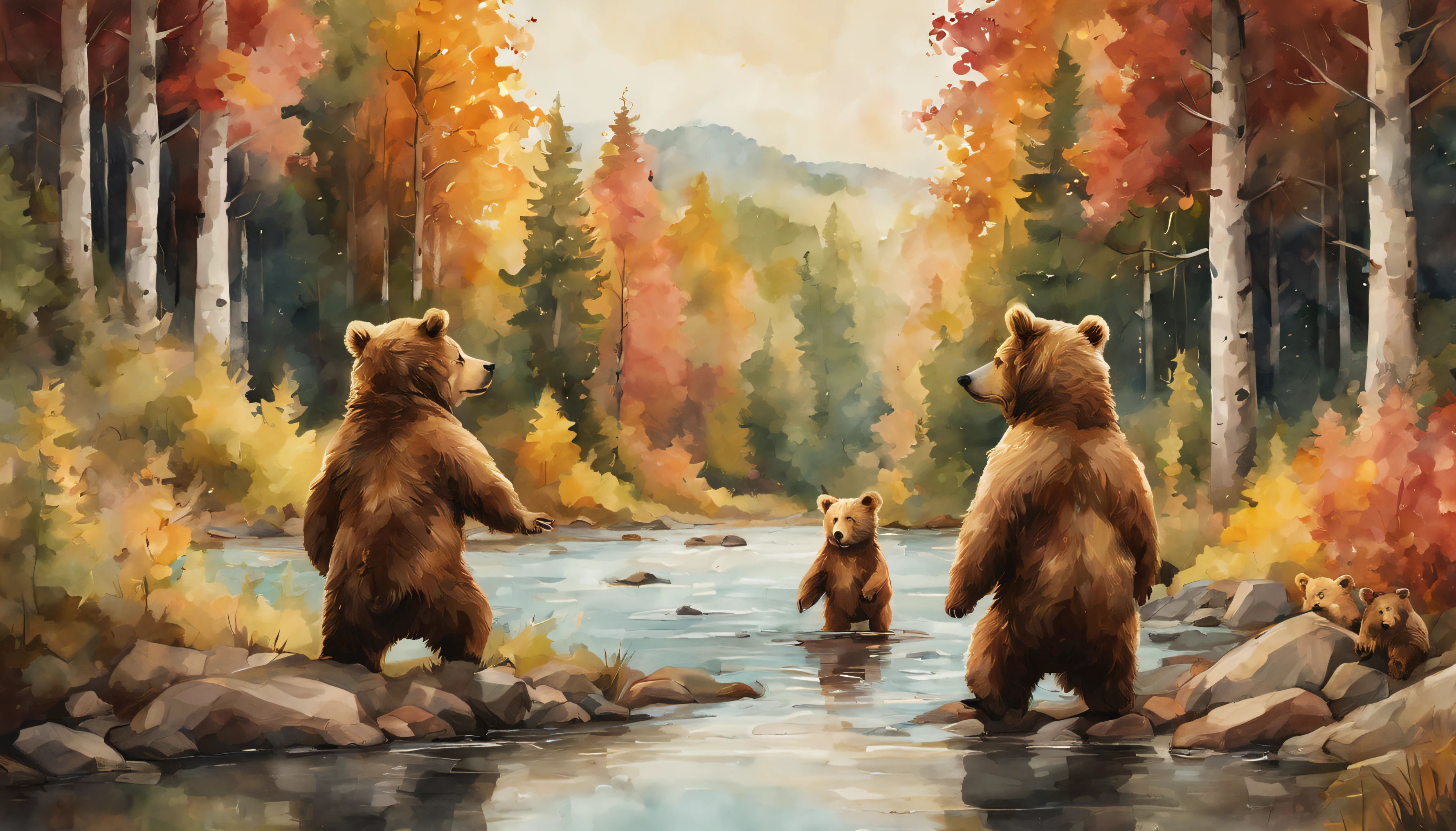 three cute bears playing in the right half of the image in the background, on the left trees and river, forest, warm colors, cinematic colors, watercolor style, illustration, detailed, 8k, (best quality, ultra-detailed:1.6)