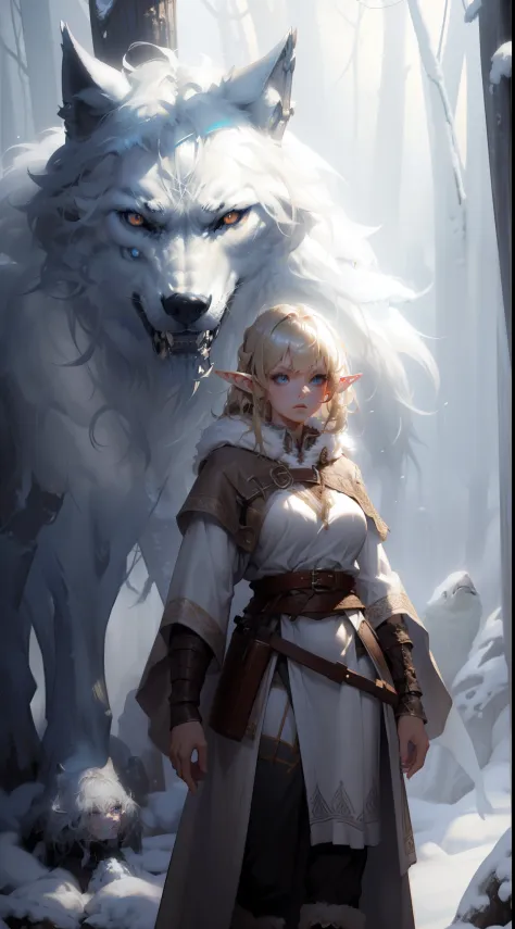 ((masterpiece, best quality)), (fractal art:1.3), viking elf girl, fantasy, Standing with wolf, aaa art, design by aykut aydogdu...