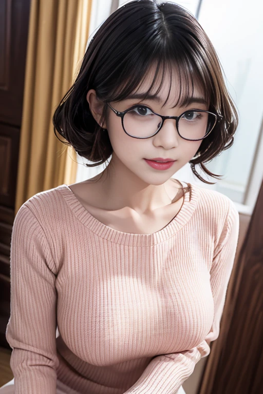 curlies，Eyes are exquisite and delicate，Wearing glasses and light hair，Pink sexy lace sweater，Red Lingeri，Straight dress，Colossal tits，overmany，big and droopy，big titietra big tits， （（（tmasterpiece）））， （（Best quality））， （（intricately details））， （（hyper realisitc））