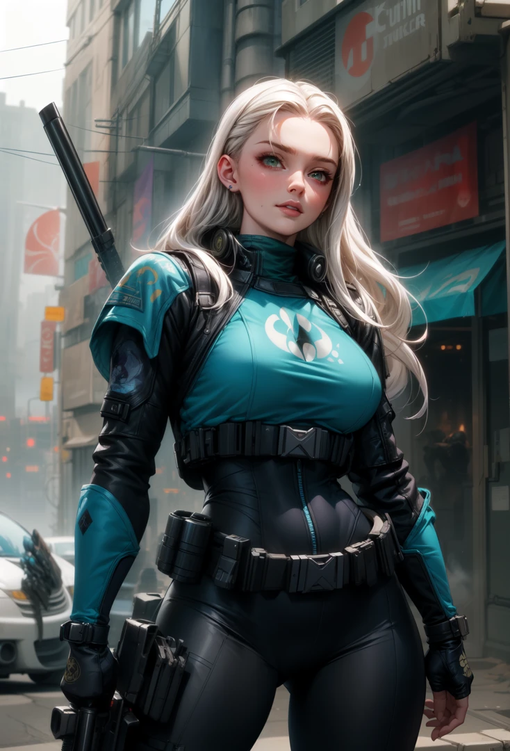 torso shot, facing front, best quality, masterpiece, cyberpunk Sophie Turner as 1girl, (solo:1.1), ultra detailed,detailed face, 8k wallpaper, platinum white hair in side cut fashion, wide hips, smile, Sophie Turner as military female soldier with gear of war, city background, smoke and rubbles, by gustav klimt , atey ghailan, by greg rutkowski, by greg tocchini, by james gilleard, by joe fenton, by kaethe butcher, gradient blue, green and purple color scheme