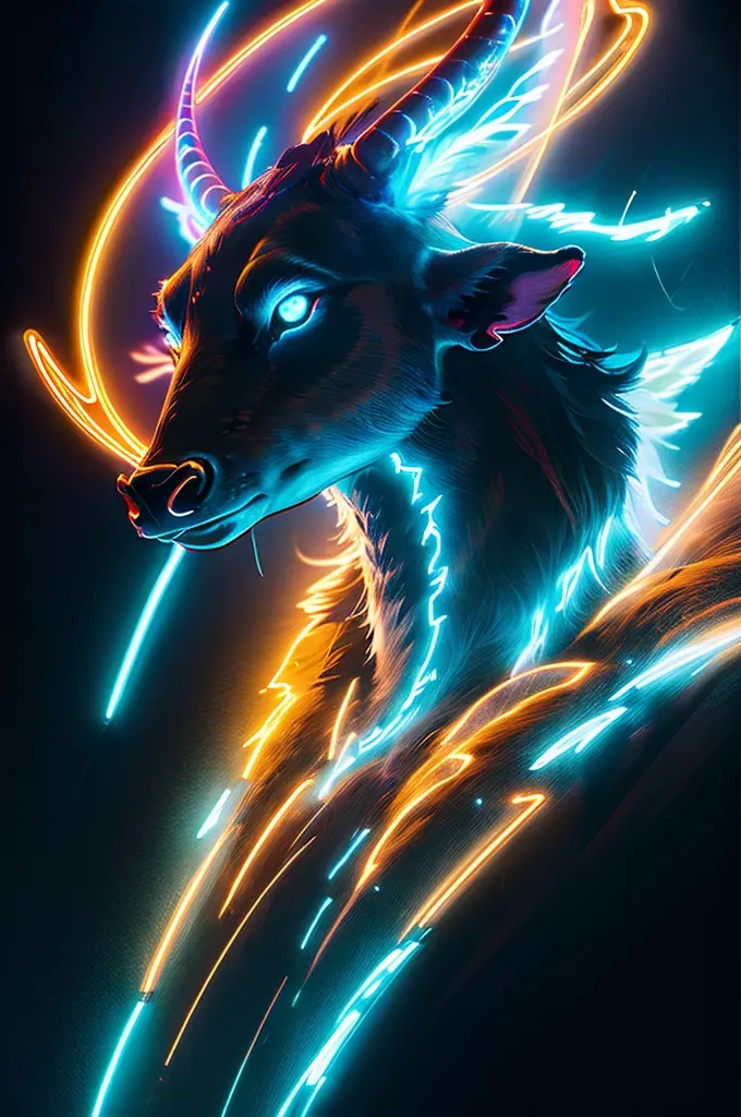 BlackLight Art, a Bioluminescence stag, (glowing horn:1.3), Bioluminescence, On the mountain top, composed of elements of thunde...