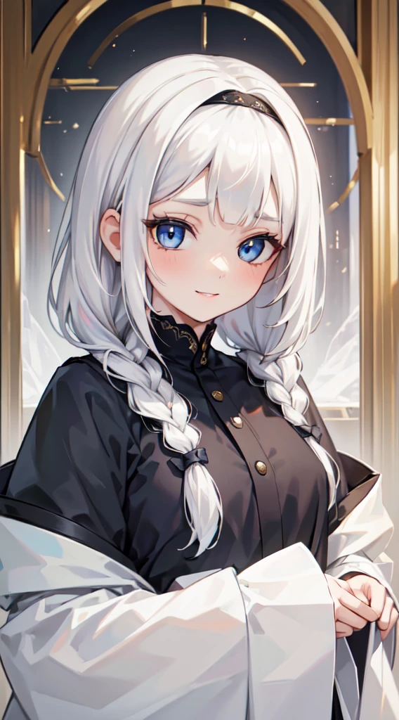 (thawb), (best quality:1.3), (highres1.3), (clear1.3), (8k:1.3), masterpiece, (detailed:1.1), 1girl, beautiful detailed eyes, beautiful detailed lips, extremely detailed eyes and face, long eyelashes, ((white hair)), braid, short bangs, blue eyes, shy smile, perfect proportion, face close up,