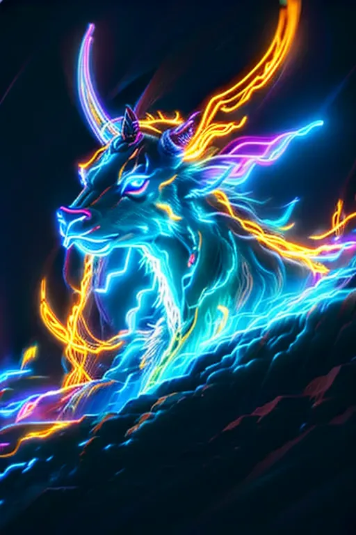 blacklight art, a bioluminescence stag, (glowing horn:1.3), bioluminescence, on the mountain top, composed of elements of thunde...