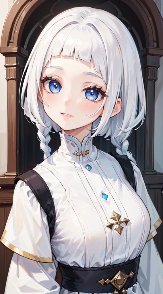 (thawb), (((short bangs:1.4))),(best quality:1.3), (highres1.3), (clear1.3), (8k:1.3), masterpiece, (detailed:1.1), 1girl, beautiful detailed eyes, beautiful detailed lips, extremely detailed eyes and face, long eyelashes, white hair, braid, blue eyes, shy smile, perfect proportion, face close up,