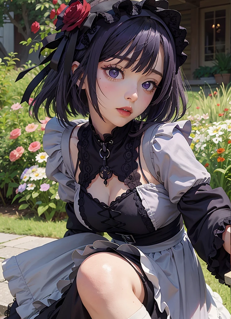 (((Young White Woman))), ((Best Quality)), ((Masterpiece)), (Detail: 1.4), MarinLora, blush, short hair, black hair, hair ornament, thighhighs, long sleeves, dress, purple eyes, purple hair, flower, pantyhose, hairband, frills, hair flower, wide sleeves, apron, black dress, , rose, floral print, lace, lolita fashion, gothic lolita (High dynamic range)