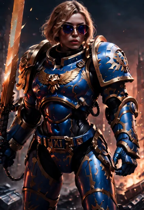 warhammer 40k universe，knight armor girl，mechanical suit of blue and gold armor，sparkly red color sunglasses，intense war-like en...