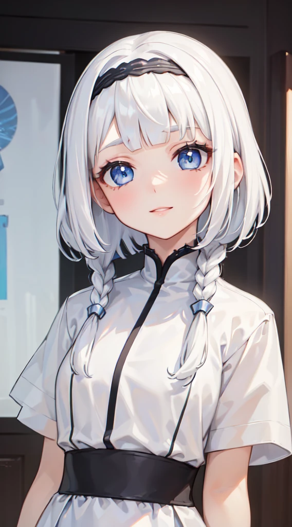 (thawb), (((short bangs:1.4))), braid, (best quality:1.3), (highres1.3), (clear1.3), (8k:1.3), masterpiece, (detailed:1.1), 1girl, beautiful detailed eyes, beautiful detailed lips, extremely detailed eyes and face, long eyelashes, white hair, blue eyes, shy smile, perfect proportion, face close up,