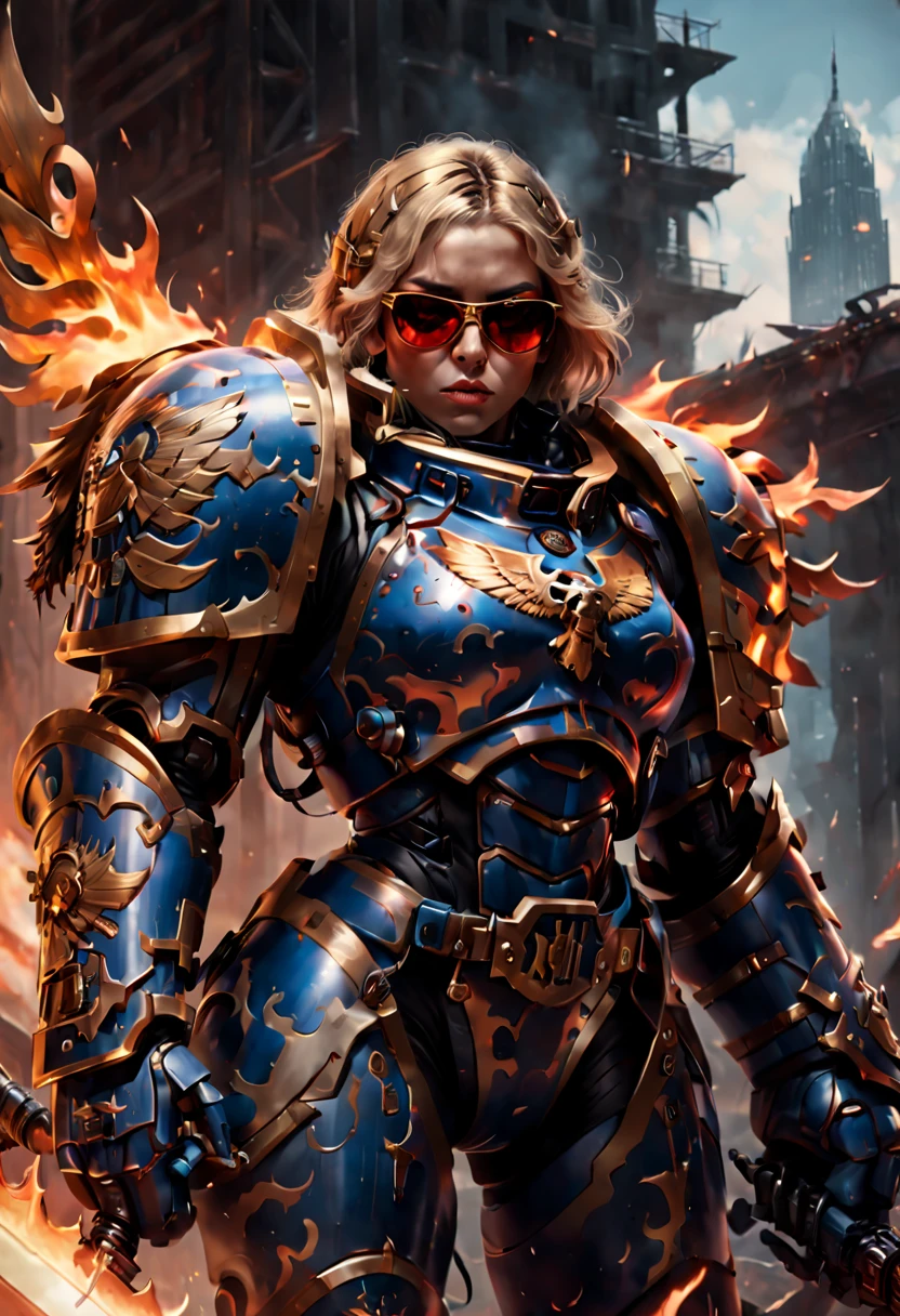 Warhammer 40K universe，Knight armor girl，Mechanical suit of blue and gold armor，sparkly red color sunglasses，Intense war-like environment，holding a flaming sword，Destroyed buildings and flames，The background is a futuristic cityscape，severe and threatening atmosphere，Sci-fi cyberpunk aesthetics，High contrast and desaturated tones，Dramatic and dynamic lighting effec。(best quality),4k,(highres,masterpiece:1.2),ultra-detailed,(realistic,photorealistic,photo-realistic:1.37)