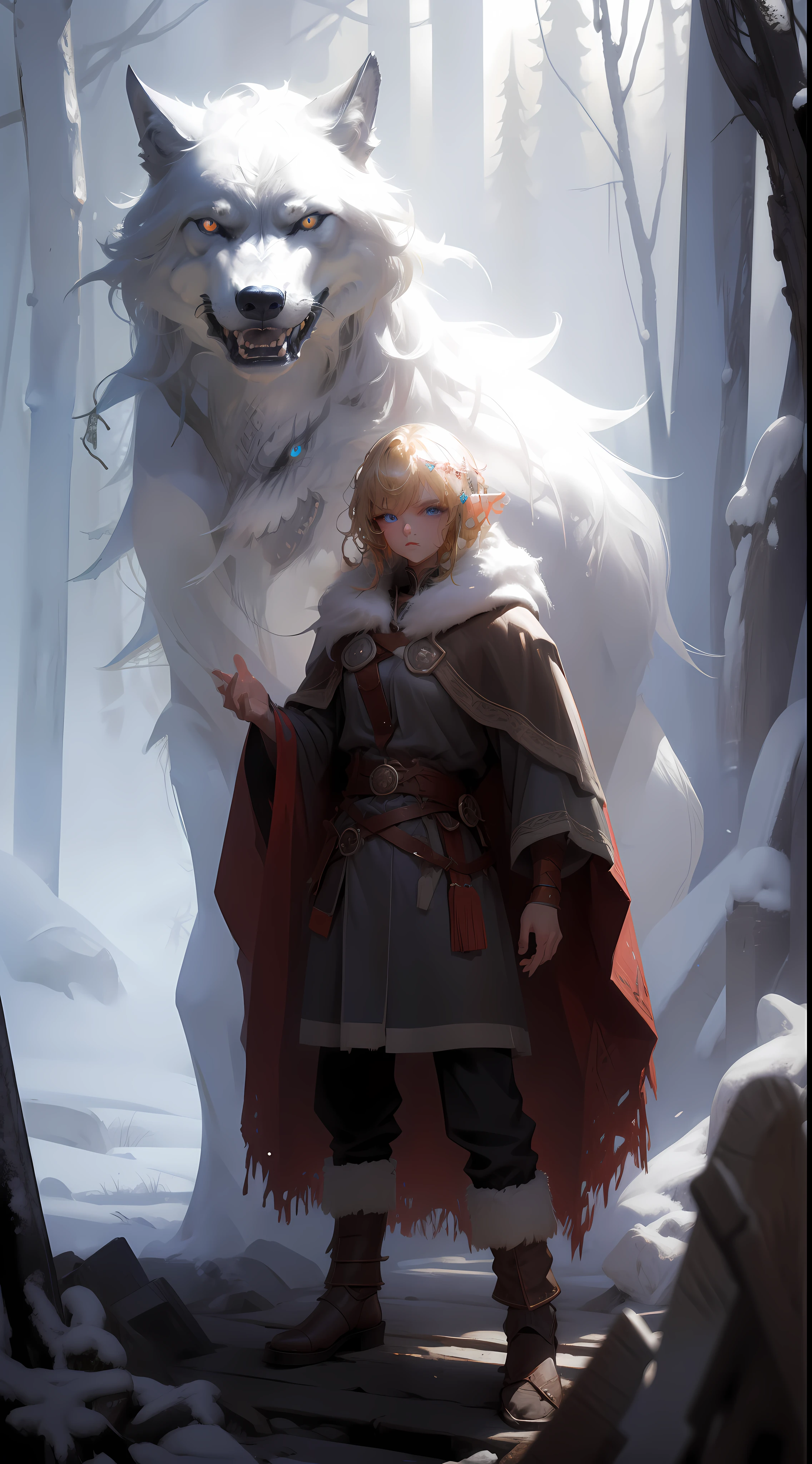 ((chef-d&#39;œuvre, meilleure qualité)), (art fractal:1.3), viking elfe girl, fantaisie, Standing with ancient loup, concept Yoji Shinkawa, art conceptuel, peinture, Frank Frazetta, CASSER, (elfe:1.2), 1fille, seulement, (cheveux blond:1.15), frange émoussée, (cheveux entre les yeux), yeux bleus, (beau visage détaillé:1.2)，style artistique par Artgerm, par Wadim Kashin, par Kawacy, CASSER, (1animal), ((loup)),  duveteux, grand, fourrure blanche, CASSER, ((vêtements vikings anciens))，duveteux cloak,  grand breast, longs collants noirs sans gants avec des bottes blanches, CASSER, cils, le fard à paupières, pink le fard à paupières, CASSER, extrêmement détaillé, angle dynamique, tir de cowboy, la plus belle forme de chaos, élégant, un brutaliste conçu, Le décor est une forêt scandinave en hiver,