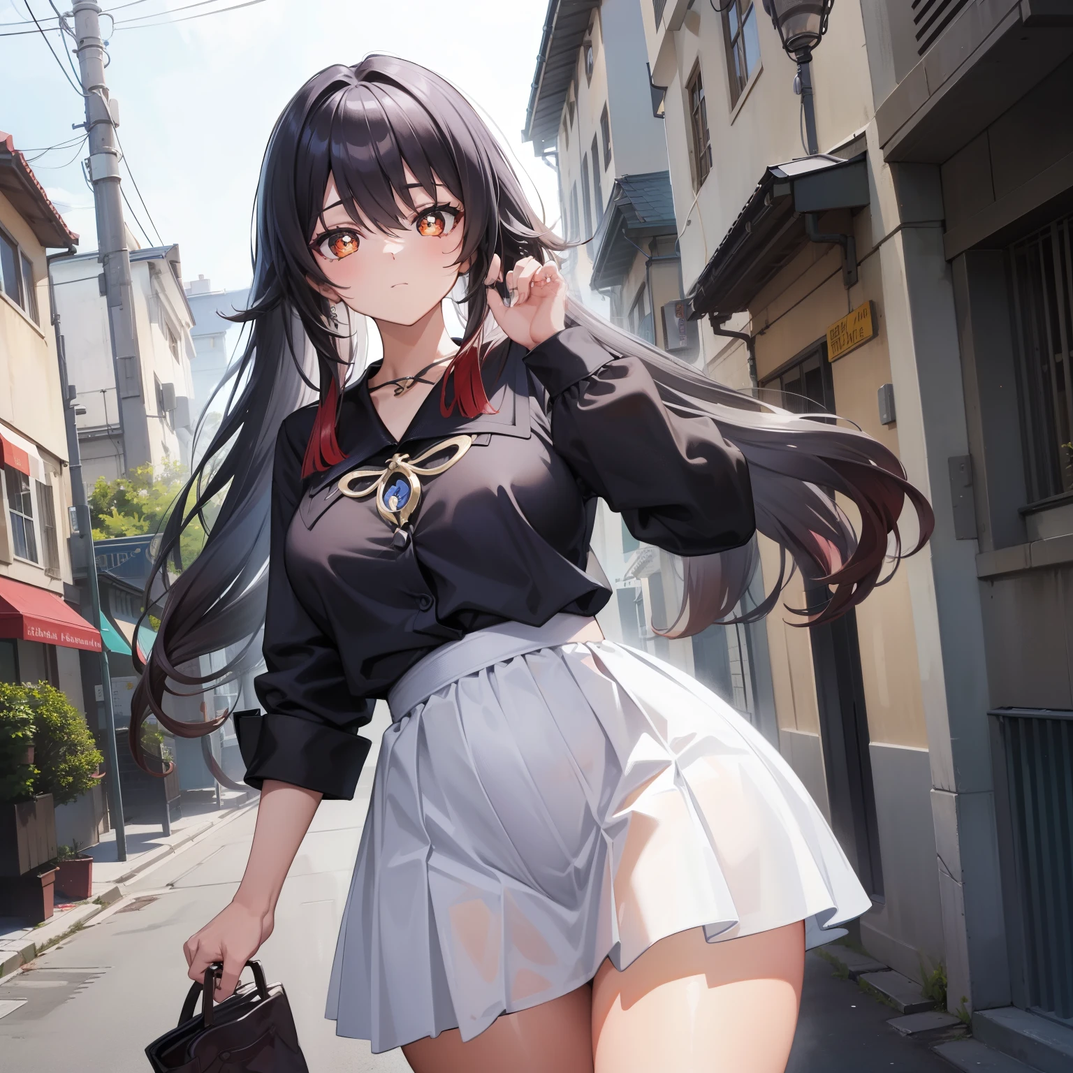 illustratio、(top-quality)、(((​masterpiece)))、(Hi-Res)、Original、(1womanl)、A sexy、Thick、Big body、silber hair,police,outside of house,(Cuffed),Forward leaning position,Pisel skirt