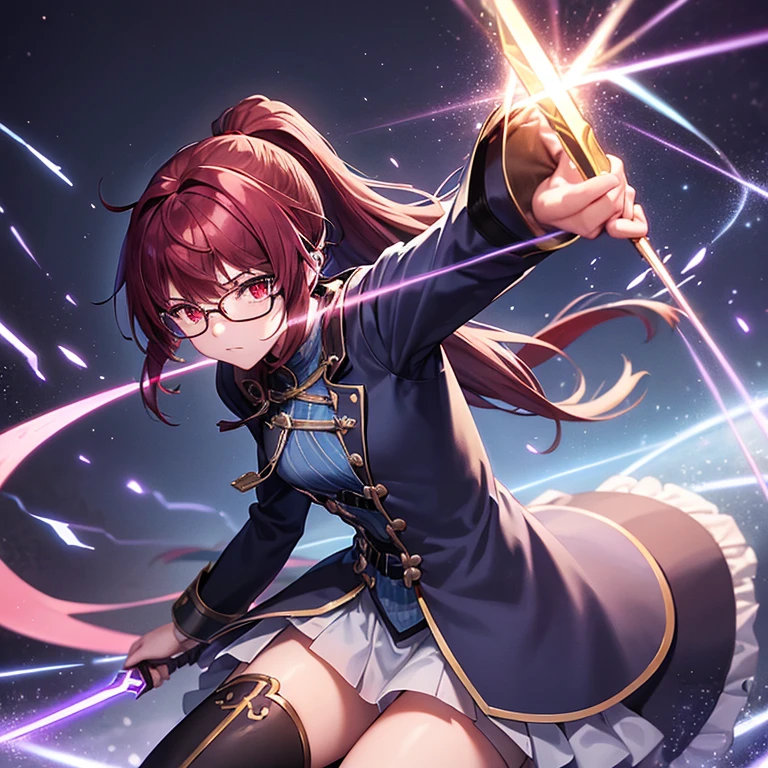 magic swordsman boy that looks like Monika wielding a longsword, glimmering sideral blue soul sword, closed blue gambeson coat, black wellington glasses red eyes, reddish dark brown hair ponytail white ribbon lace on ponytail hair, long boots, metallic armor parts, surrounded by lightning arcs electricity, background is night becoming morning