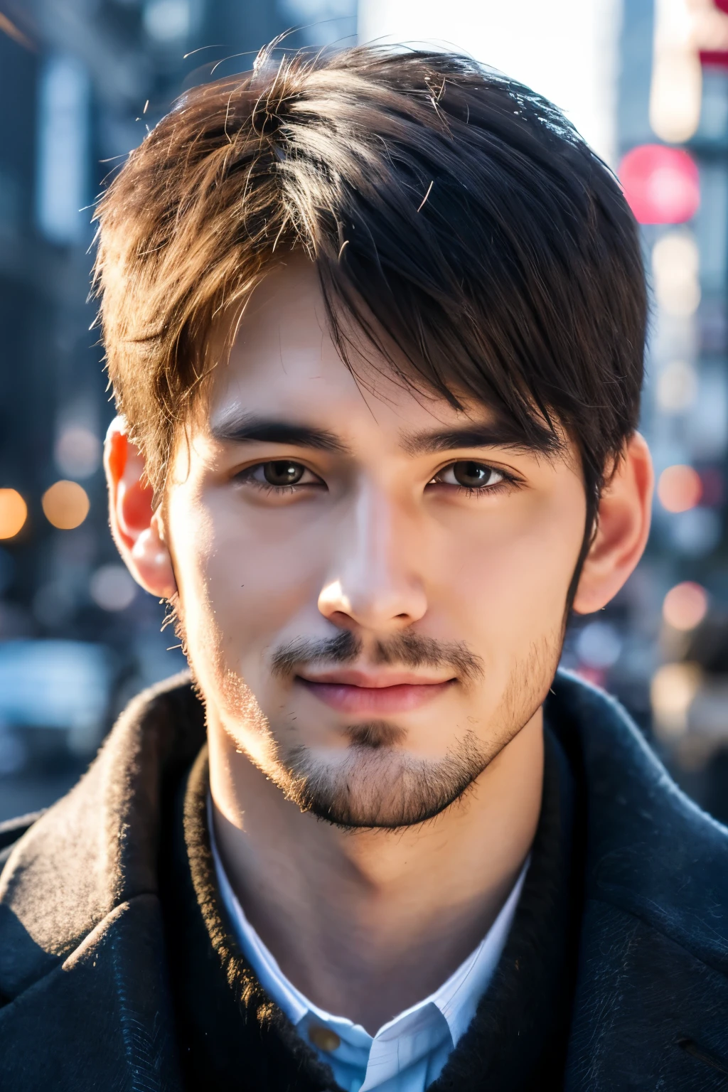 Fotorrealista, Retrato de cuerpo completo en 8K, un guapo, un hombre de 25 años, Una expresión encantadora, detalles detallados de la cara, TOKIOcty, inviernos, Shibuya al fondo