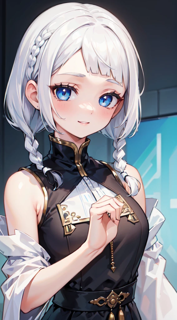 (thawb), braid, (((short bangs:1.4))), (best quality:1.3), (highres1.3), (clear1.3), (8k:1.3), masterpiece, (detailed:1.1), 1girl, beautiful detailed eyes, beautiful detailed lips, extremely detailed eyes and face, long eyelashes, white hair, blue eyes, shy smile, perfect proportion, face close up,