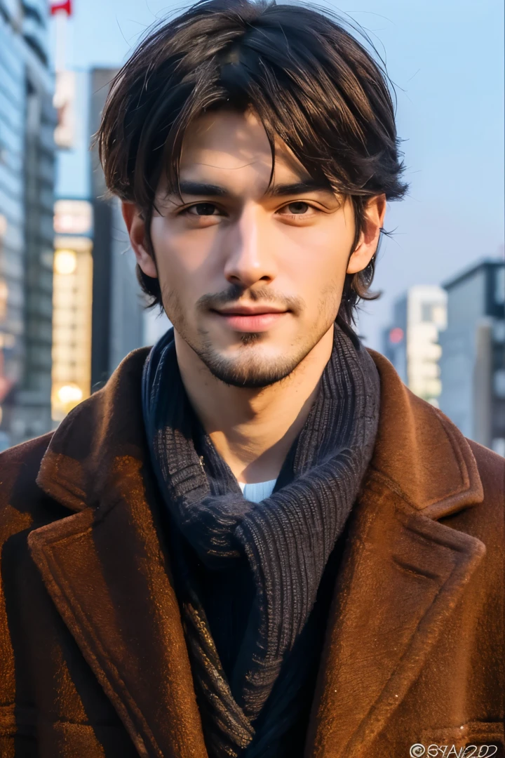 Fotorrealista, Retrato de cuerpo completo en 8K, un guapo, un hombre de 25 años, Una expresión encantadora, detalles detallados de la cara, TOKIOcty, inviernos, Shibuya al fondo