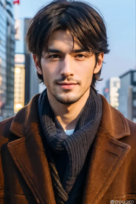 Photorealsitic, 8K full body portrait, a handsome, a 25-year-old man, A charming expression, detailed face details, TOKYOcty, Winters, Shibuya in the background