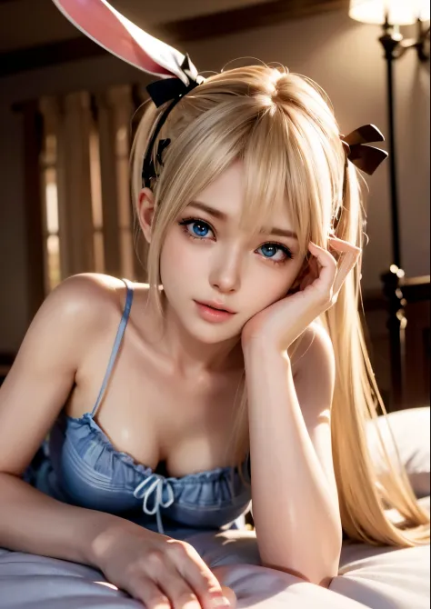 blond haired woman laying on bed with blue sheets and light, photorealistic anime, hyper realistic anime, long blonde hair and b...