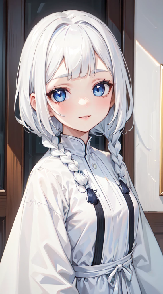 (thawb), braid, (short bangs:1.4), white hair, (best quality:1.3), (highres1.3), (clear1.3), (8k:1.3), masterpiece, (detailed:1.1), 1girl, beautiful detailed eyes, beautiful detailed lips, extremely detailed eyes and face, long eyelashes, blue eyes, shy smile, perfect proportion, face close up,