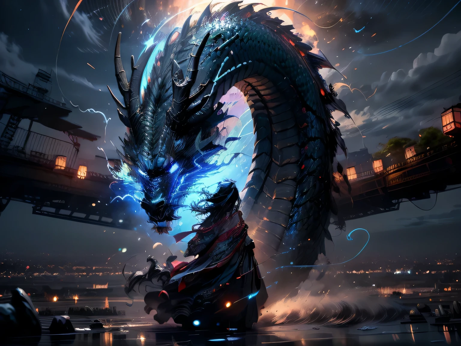 A large dragon with a blue flame coming out of its mouth - SeaArt AI