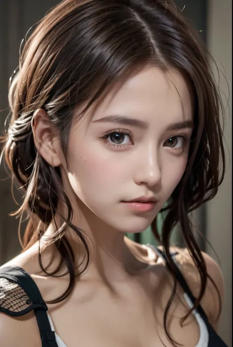 8K, of the highest quality, masutepiece:1.2), (Realistic, Photorealsitic:1.37), of the highest quality, masutepiece, Beautiful young woman, Pensive expression, Gentle eyes, sexy camisole、Hair tied back, Messy mood, Cinematic background,  Light skin tone