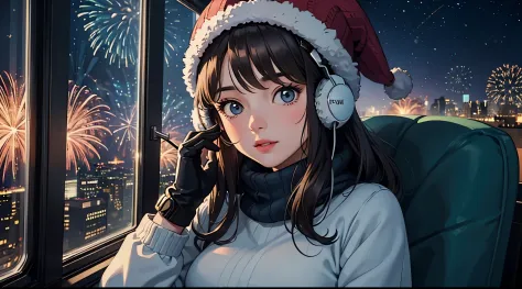 lofi relaxed one brunette girl with headphones flies in helicopter, looks in awe through window, head glued to window. winter ni...